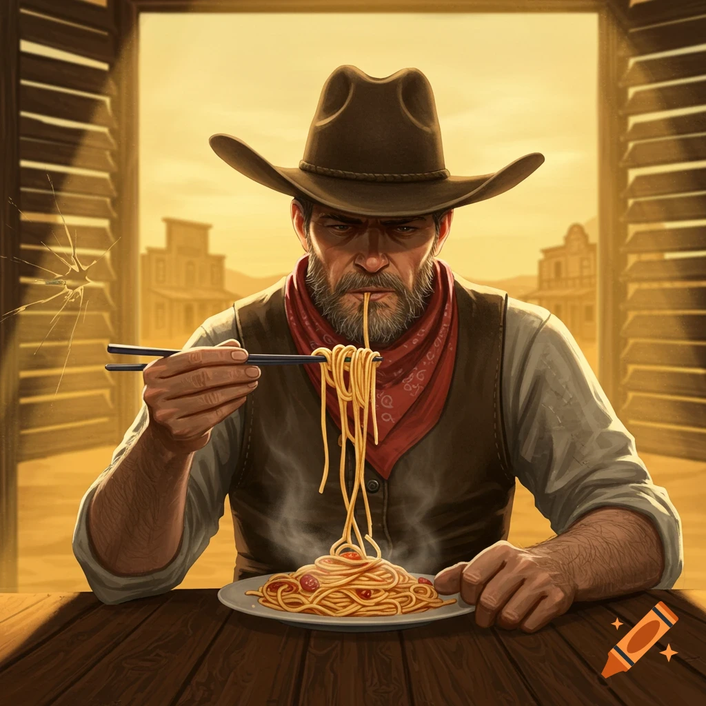 A rugged cowboy in a hat and bandana eats spaghetti with chopsticks at a wooden table, with an old Western town in the dusty background.