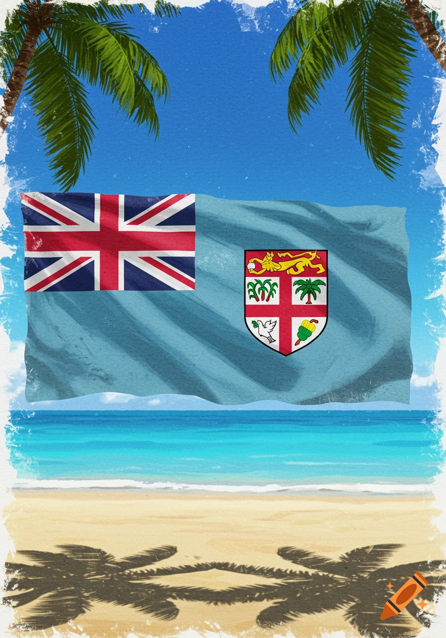 A stylized depiction of the Fiji flag waving above a tropical beach with palm tree shadows and a blue sky.