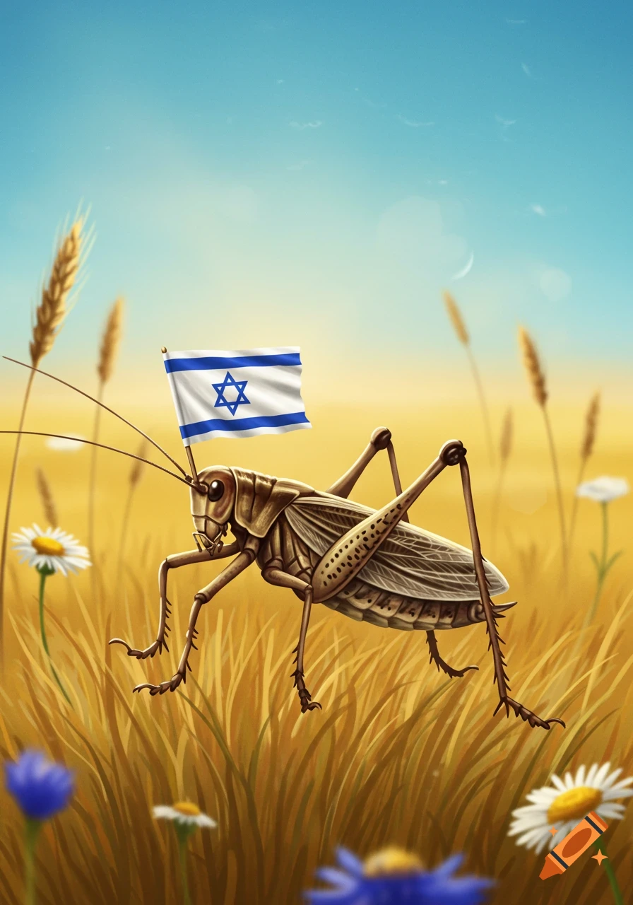 A detailed illustration of a brown cricket holding a small Israeli flag on its back, standing in a golden wheat field with wildflowers under a blue sky.