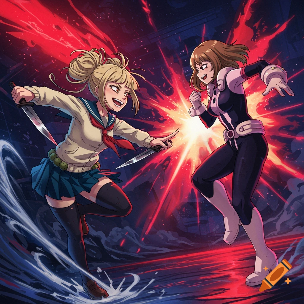 Anime characters Toga and Uraraka fighting with daggers and energy blasts in a dynamic scene.