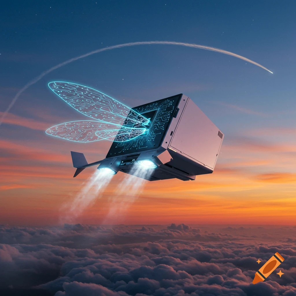 A futuristic computer-like machine with glowing circuit board wings and jet propulsion flies above clouds at sunset.