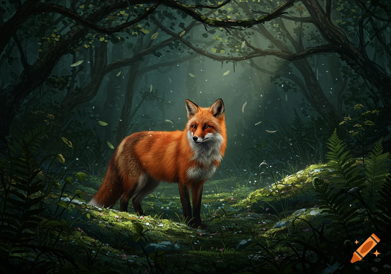 A vibrant orange fox stands in a mystical, lush green forest with dappled sunlight streaming through the trees.