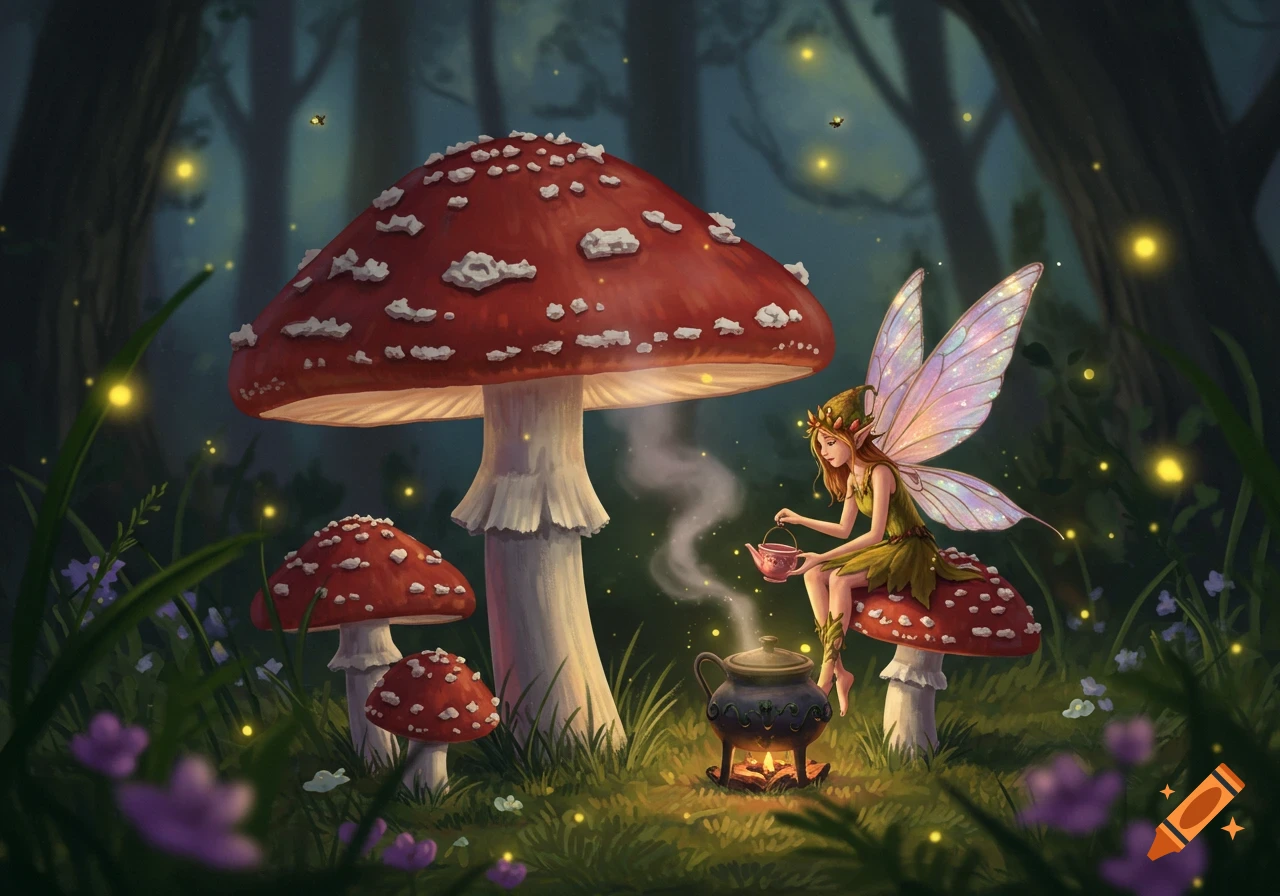 A whimsical fantasy illustration of a fairy sitting on a red mushroom, brewing tea over a small fire in a magical forest at dusk with fireflies.