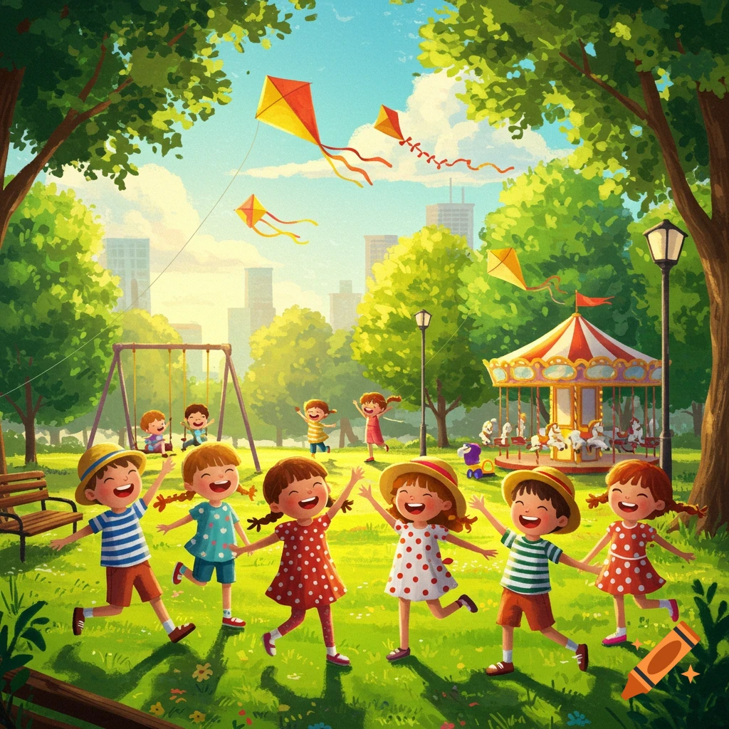 Happy children play with kites in a vibrant park with a merry-go-round and swings, illustrated in a cheerful, colorful style.