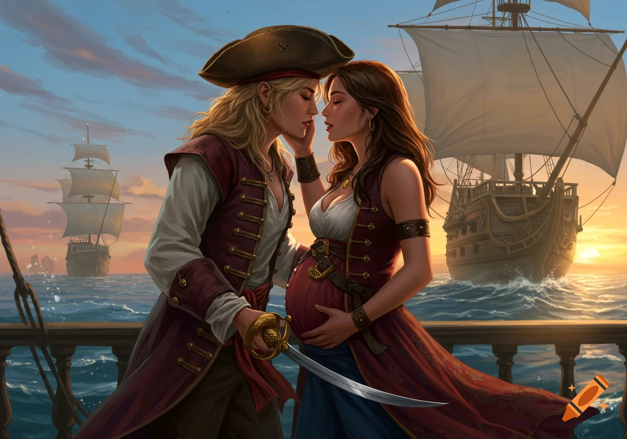 A blonde female pirate kisses her pregnant beloved on a ship's deck at sunset, with other ships on the ocean. Digital art.