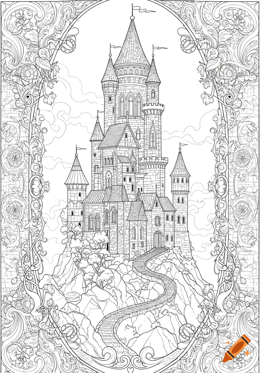 Black and white line art of a fantasy castle on a rocky hill with a path, framed by an ornate border, designed for a coloring book.