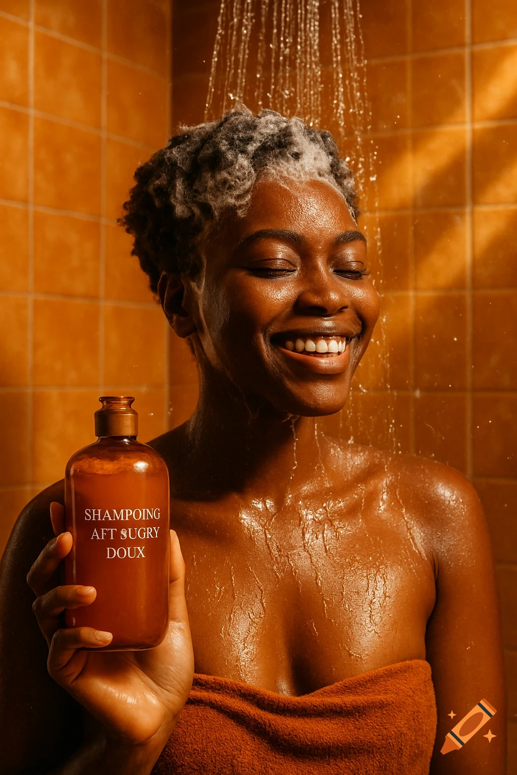 A smiling Black woman with short, frothy hair showers under warm light, holding an amber shampoo bottle, wrapped in an orange towel.