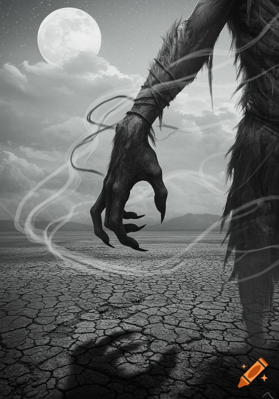 Monstrous, clawed hand of a creature reaches over a cracked desert under a full moon, in a grayscale dark fantasy style.
