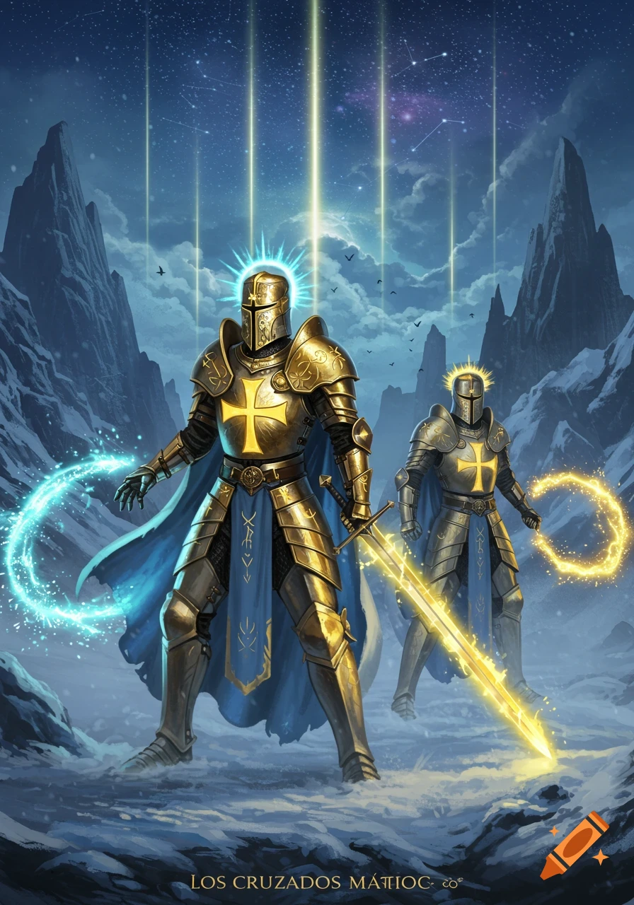 Two golden-armored knights with glowing halos and magical weapons stand in a snowy mountain landscape under a starry sky, digital painting.