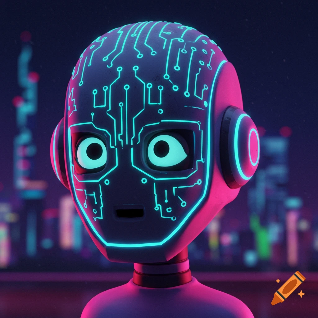 A cartoon robot head with glowing blue circuits and large eyes, set against a blurry cyberpunk city background.