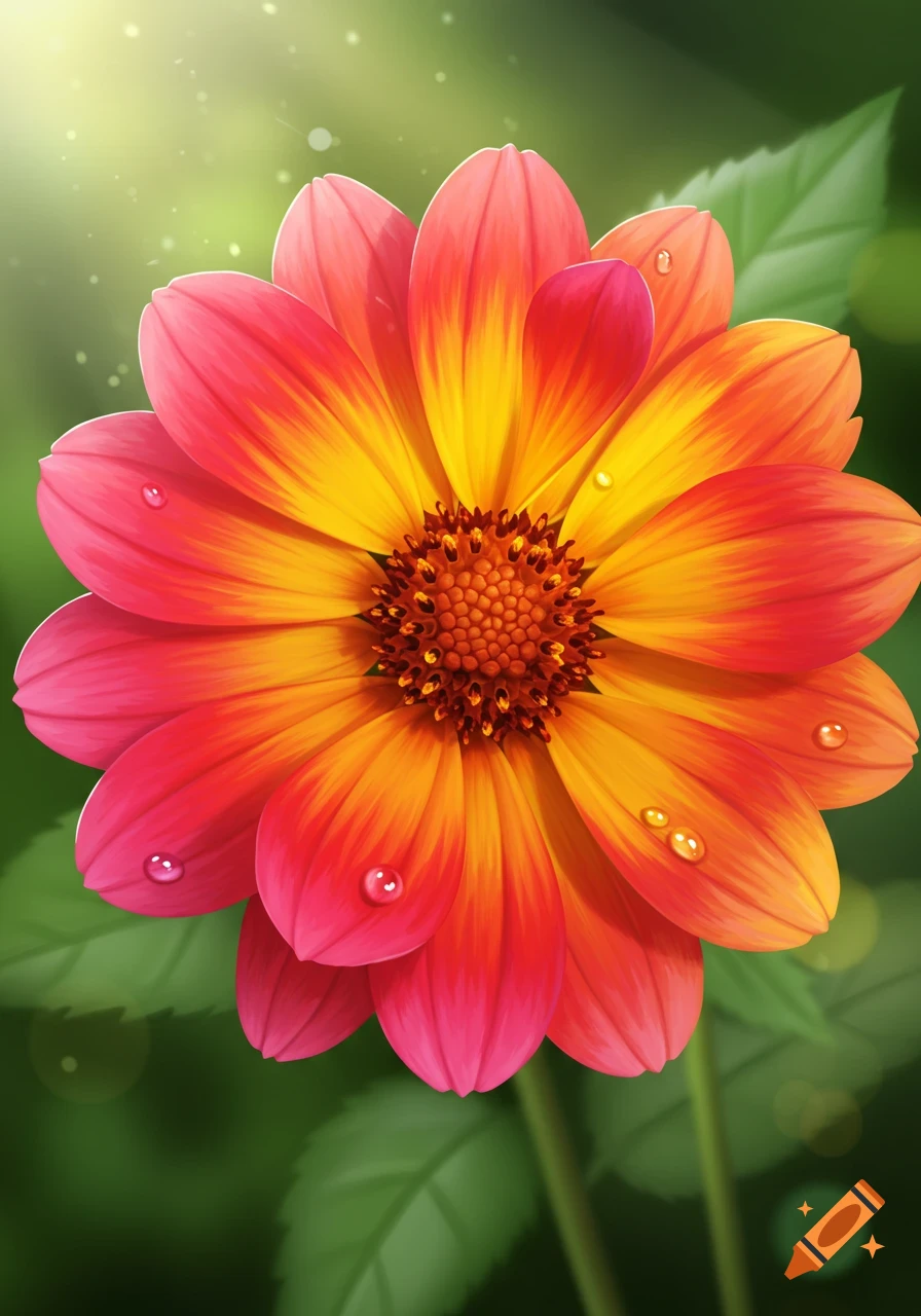 A vibrant red and yellow flower with water droplets on its petals, set against a soft green background with subtle light rays.