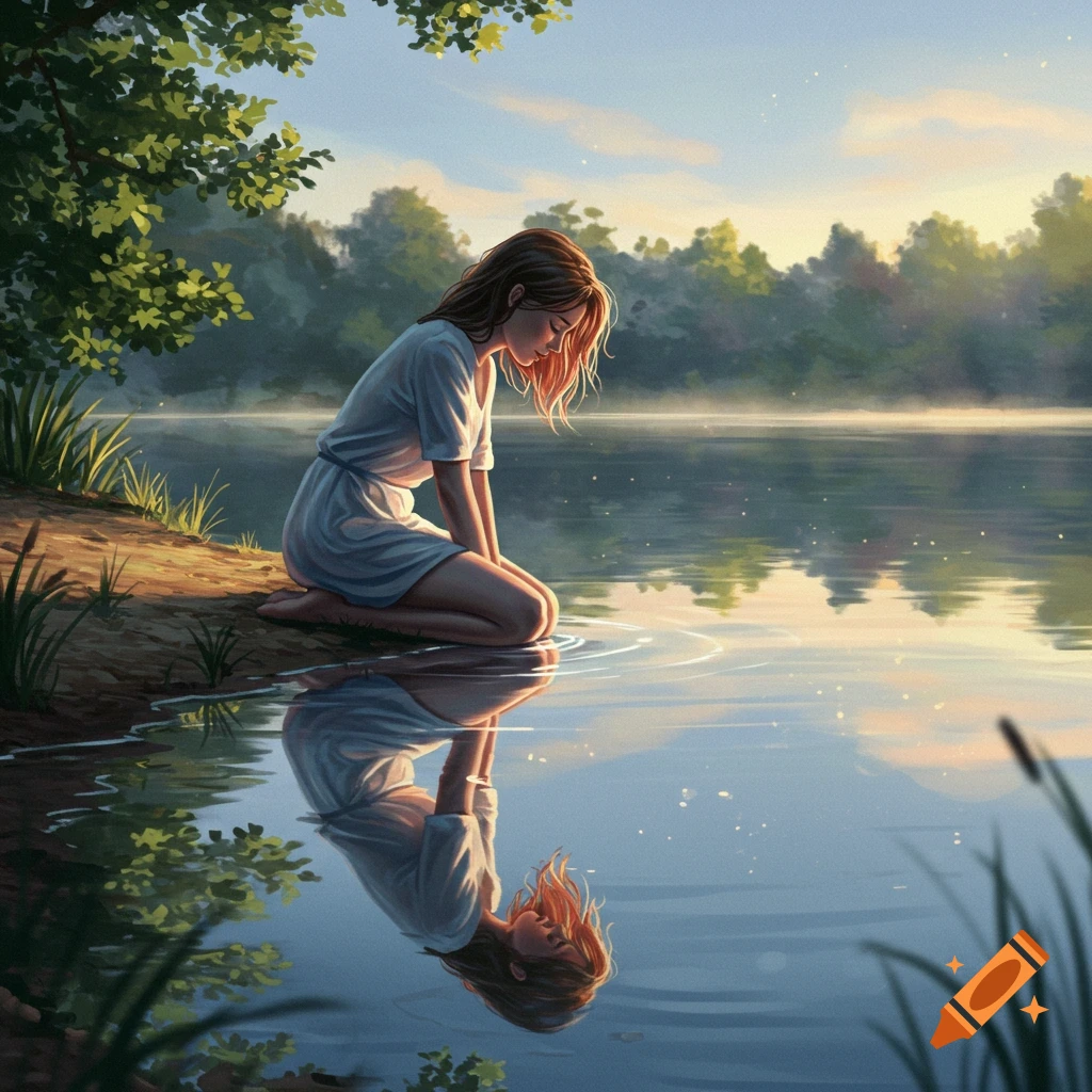 An illustrated woman in a white dress kneels at a lake's edge, gazing at her reflection under a serene sky with trees.
