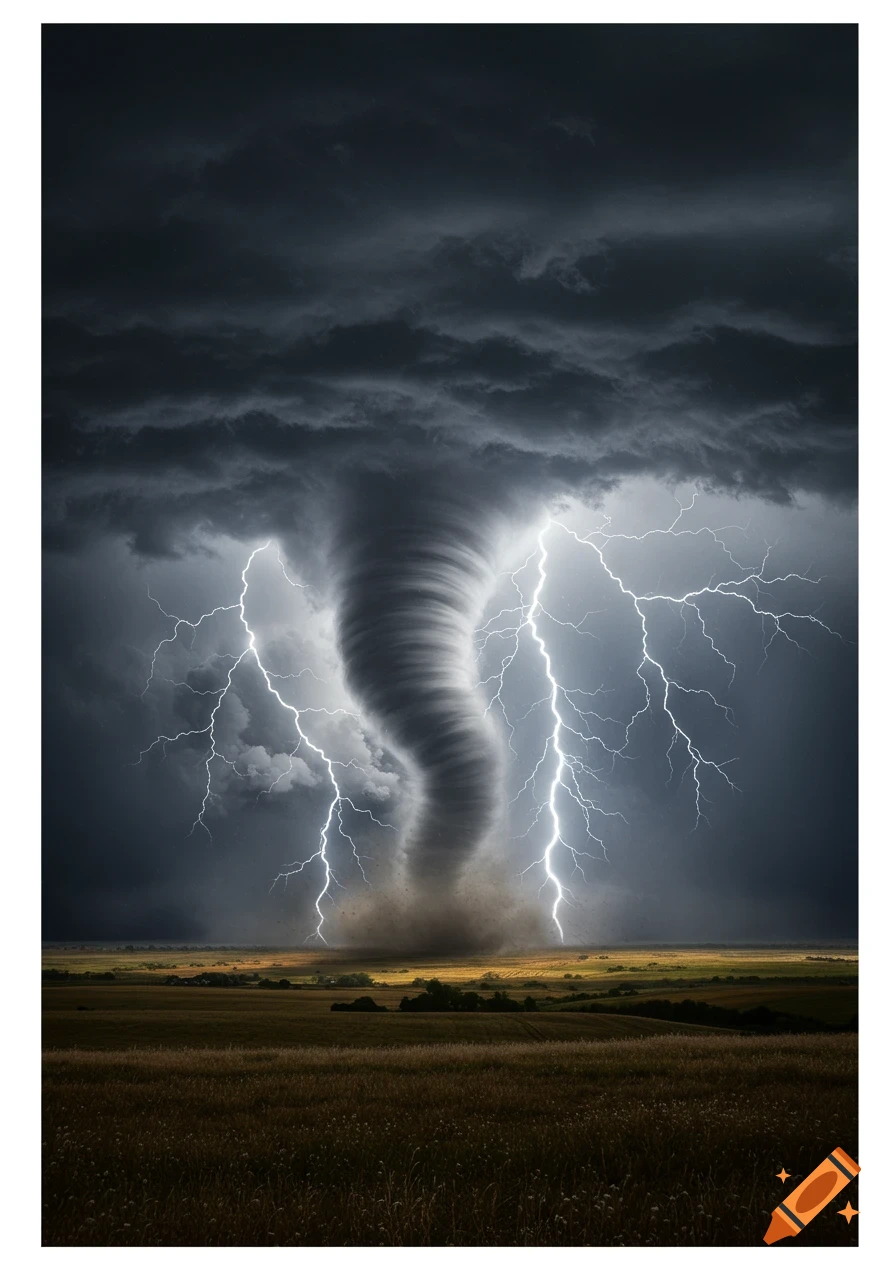 A powerful tornado rips through a vast field under a dark, stormy sky illuminated by lightning bolts.