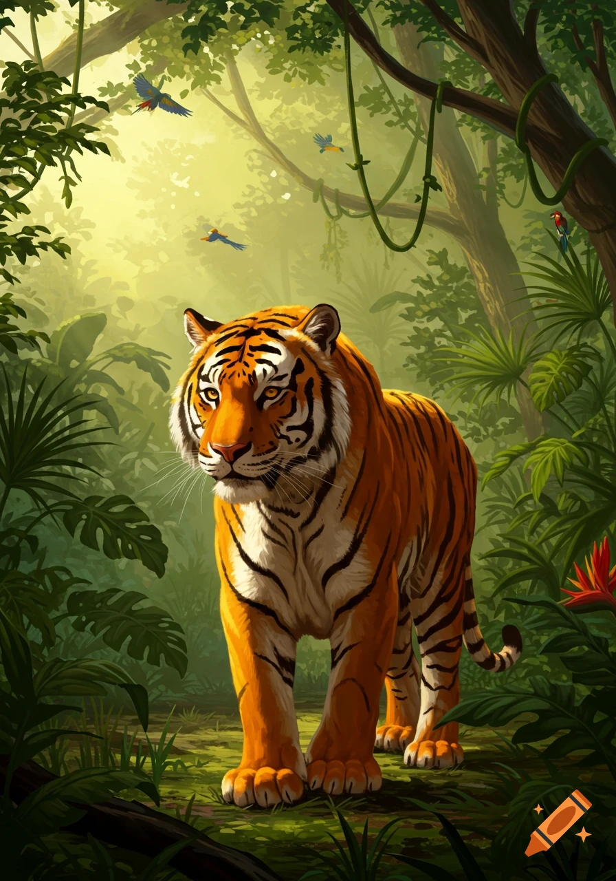 An orange tiger with black stripes stands in a lush, sunlit jungle with tropical birds flying, in a digital illustration.