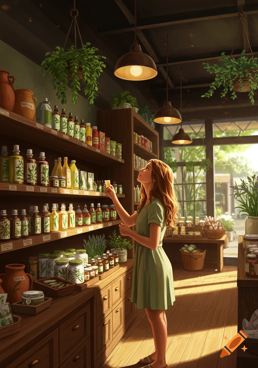 A red-haired woman in a green dress inspects natural cosmetic bottles on wooden shelves in a well-lit, plant-filled store, illustrated.