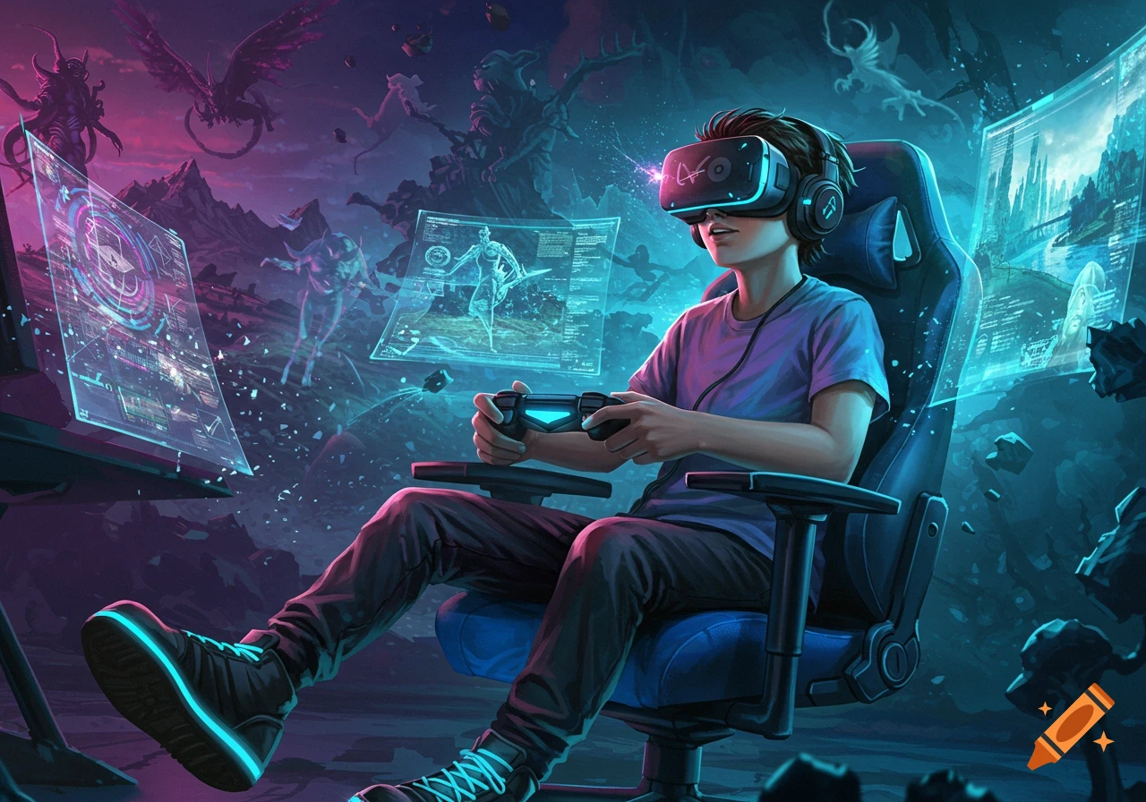 A young person wearing a VR headset plays a game, surrounded by glowing virtual screens and fantasy creatures in a futuristic landscape.