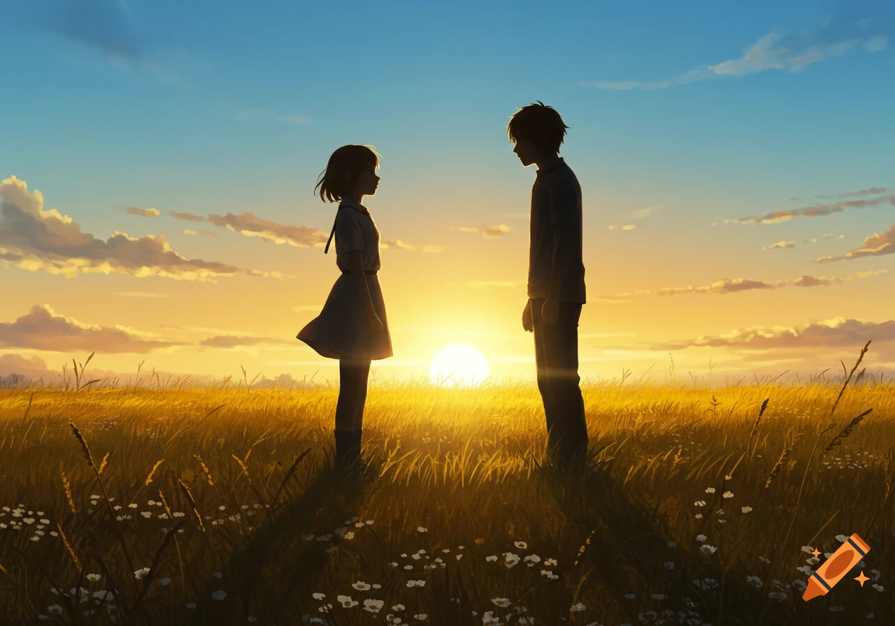A man and a woman stand silhouetted against a golden sunset in a grassy field, looking at each other in an anime style.
