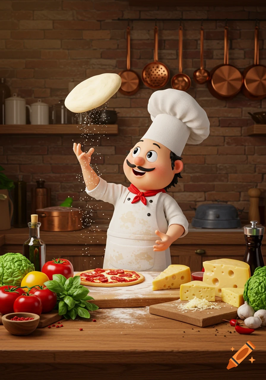 A happy cartoon chef in a white toque tosses pizza dough in a rustic kitchen filled with fresh ingredients like tomatoes, basil, and cheese.