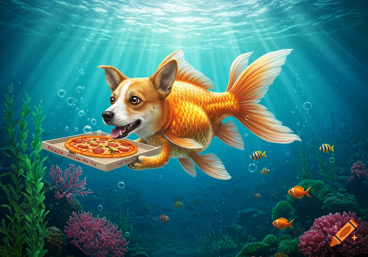A cheerful dog-headed fish swims underwater, holding a pizza box. Coral and smaller fish are in the background.