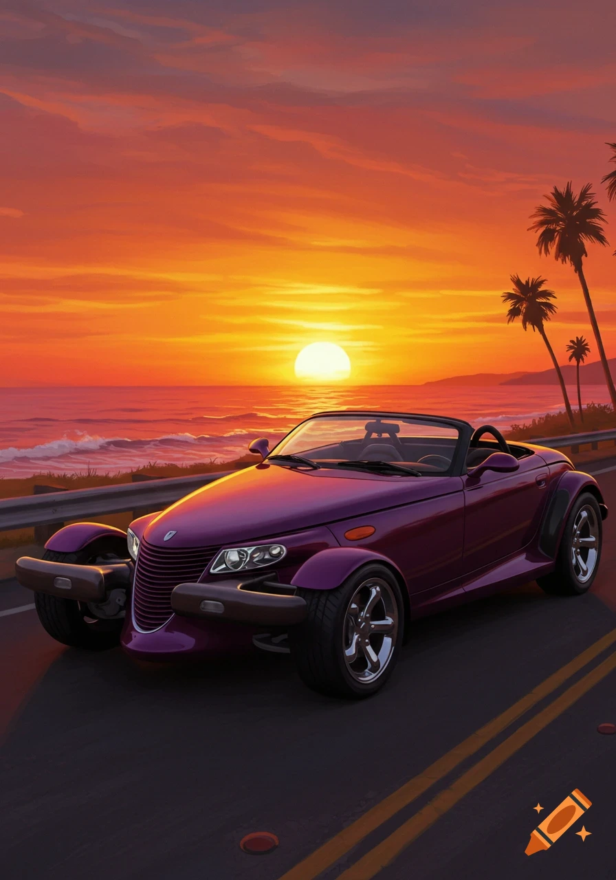 A purple Plymouth Prowler convertible is parked on a coastal road at sunset, with palm trees and an orange sky.