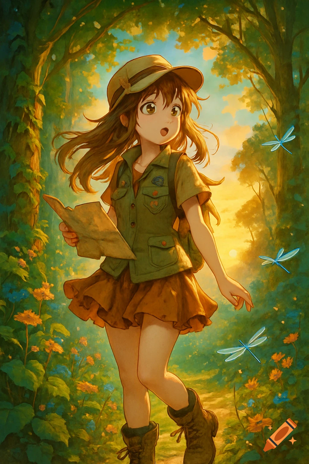 An anime explorer girl holding a map walks on a sunlit forest path with glowing dragonflies in an illustrated style.