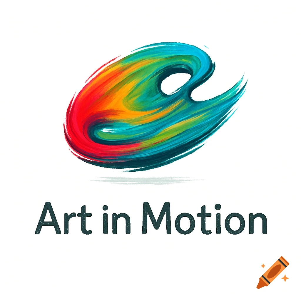 Colorful brushstroke paint palette logo with the text "Art in Motion" below it on a white background.