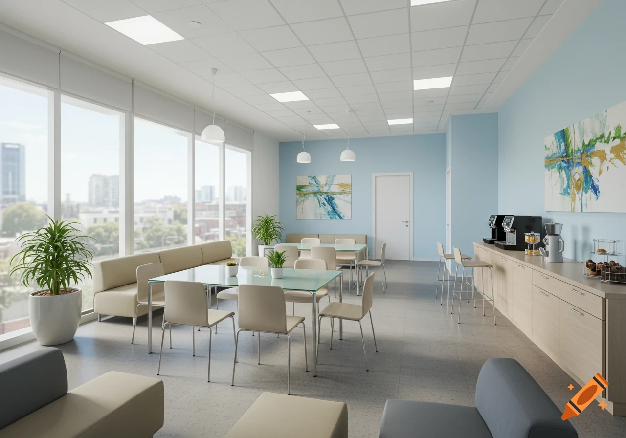 Photorealistic image of a bright, modern office break room with light blue walls, abstract art, glass tables, and large windows overlooking a city.