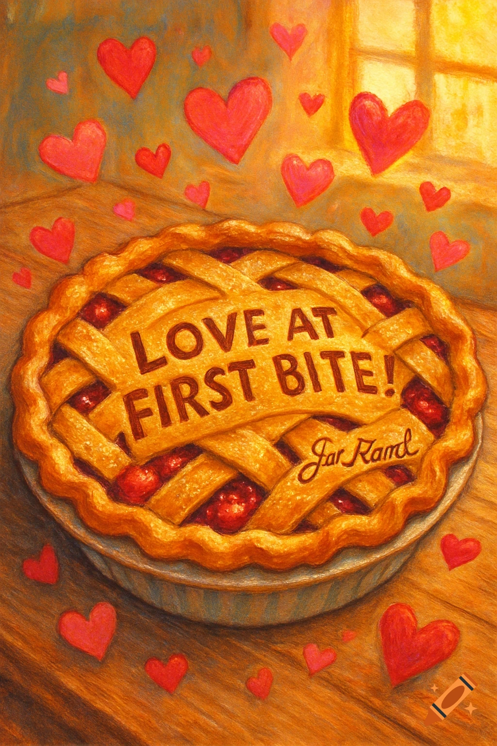 A warm, golden-brown cherry pie with a lattice crust and "LOVE AT FIRST BITE!" baked into the pastry, surrounded by red hearts on a wooden table. An artist's signature "Jar Ramd" is on the pie crust. Illustrated in a painterly style.