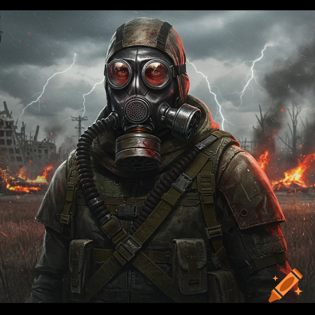 A weathered person in a gas mask and military gear stands in a burning, ruined post-apocalyptic landscape under a stormy, lightning-filled sky.
