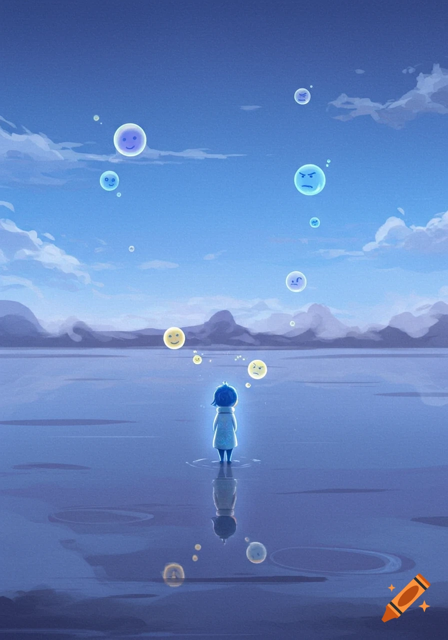Stylized illustration of a small, glowing blue-haired figure standing in shallow water, surrounded by floating emotional face bubbles under a blue sky.