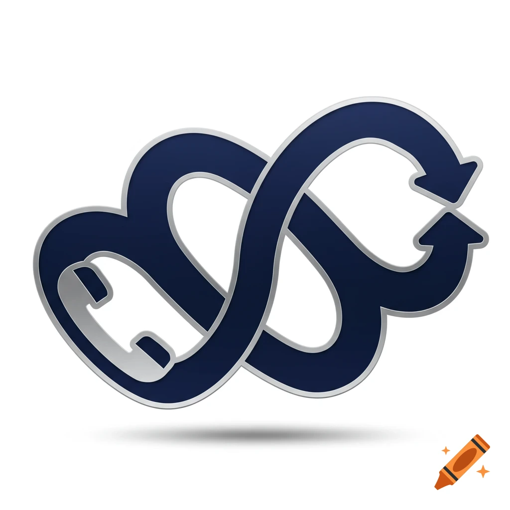 A dark blue abstract pictogram depicting an infinity-like loop with arrows on one end and a phone handset on the other.
