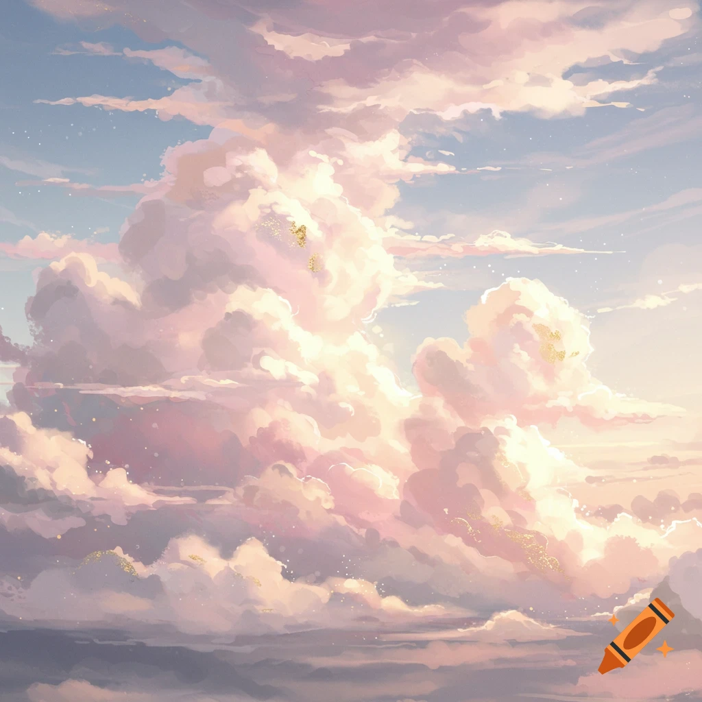 An ethereal illustration of soft, billowy clouds in shades of pink, purple, and white, with golden glitter accents in a light blue sky.