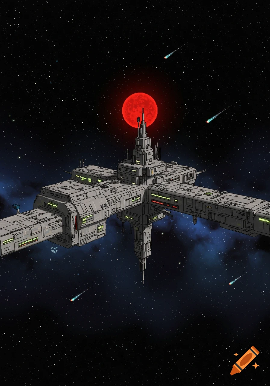 A pixel art depiction of a large grey space station orbiting in dark space with a vibrant red sun and several comets.