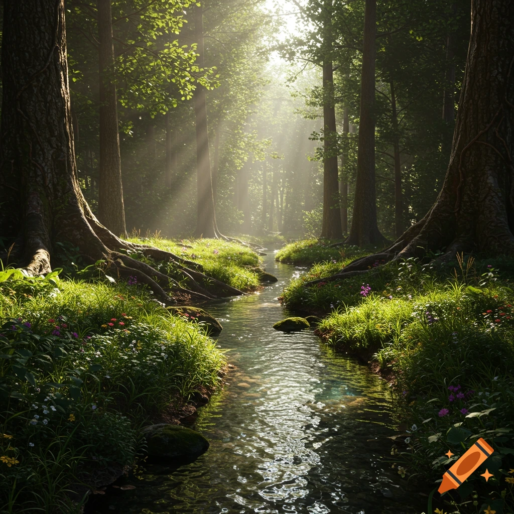 Photorealistic image of a sun-dappled forest clearing with a winding stream, lush green grass, and tall trees.
