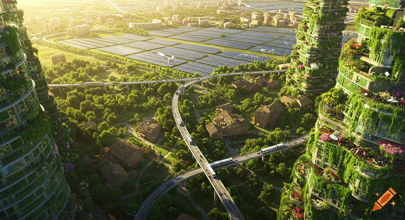 Aerial view of a vibrant solarpunk city with vine-covered skyscrapers, solar panel fields, green spaces, and elevated public transport under a sunny sky.