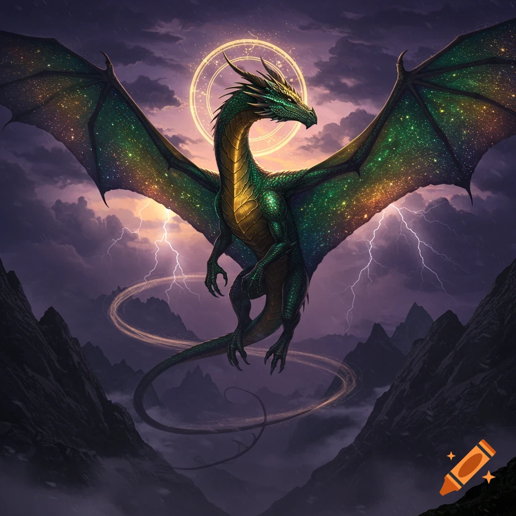 A majestic green and gold dragon with sparkling wings soars through a stormy mountain range, encircled by glowing magical rings and lightning.