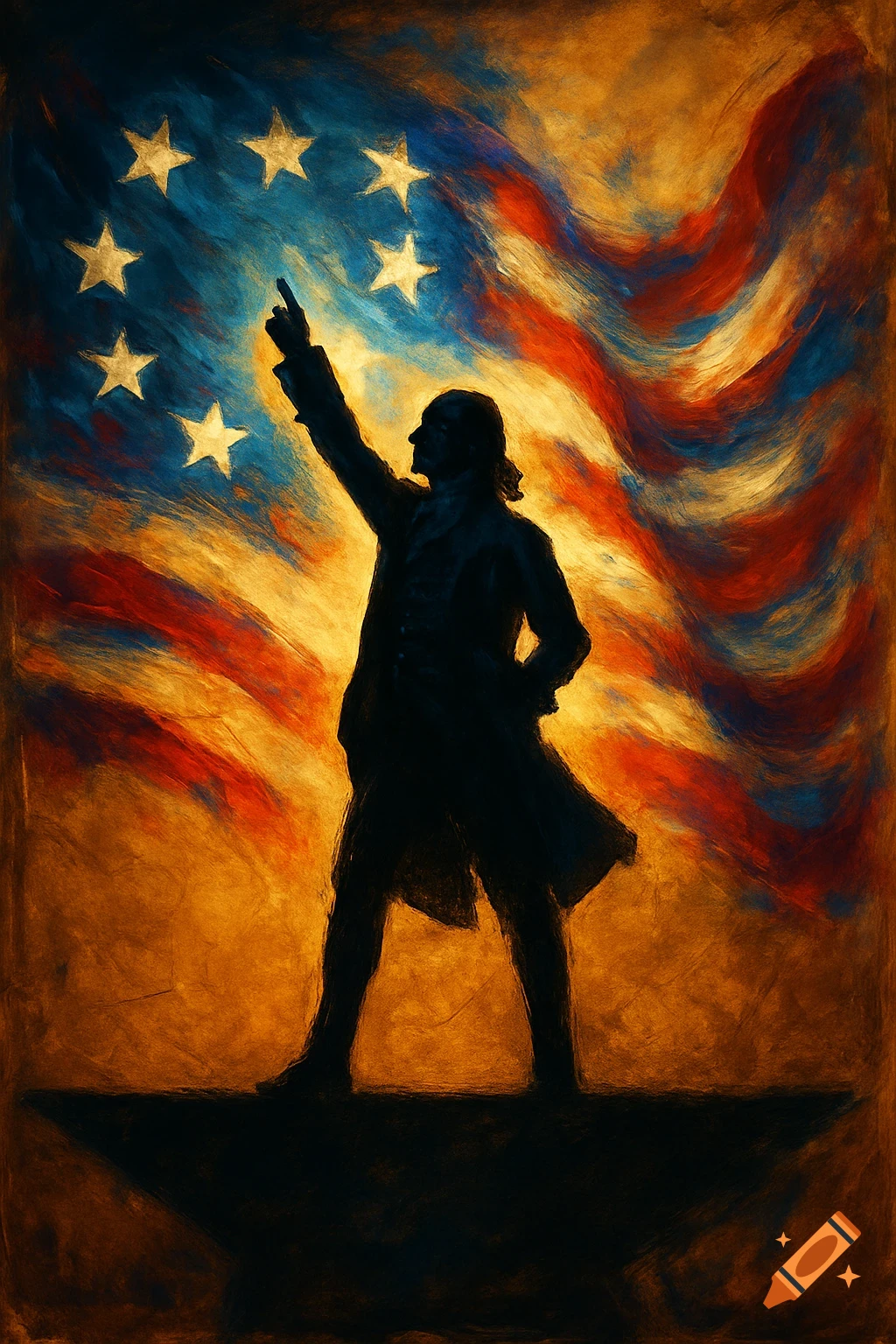 A painterly image of a historical figure's silhouette, likely Alexander Hamilton, pointing upwards against a textured American flag.
