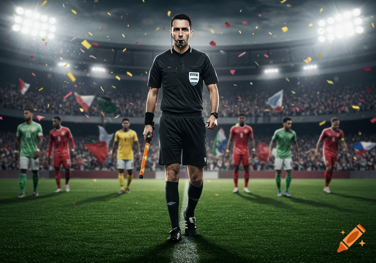 Photorealistic soccer referee stands on a stadium pitch with blurred players and falling confetti.