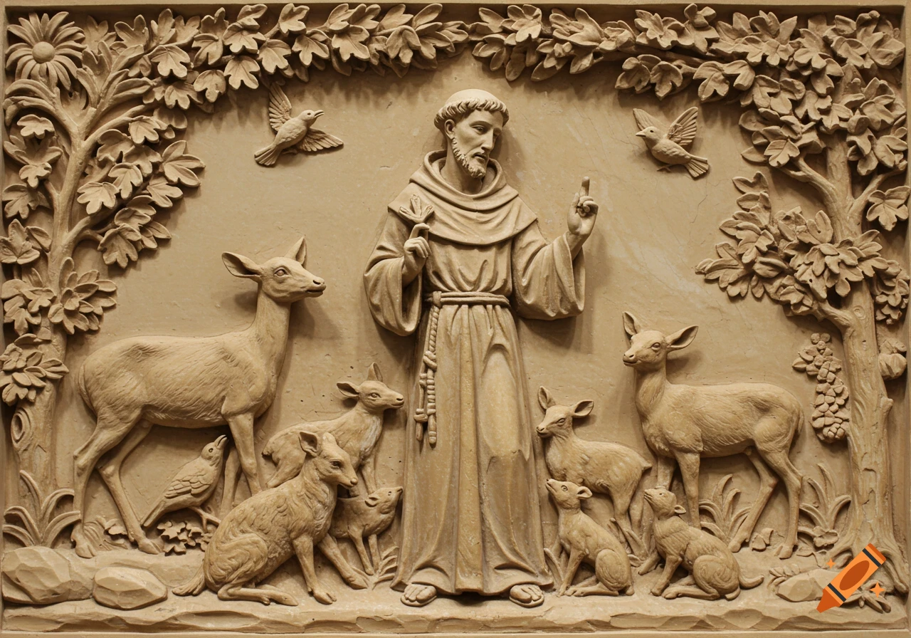 A detailed relief carving of St. Francis of Assisi in robes, surrounded by various deer, fawns, and birds under trees.