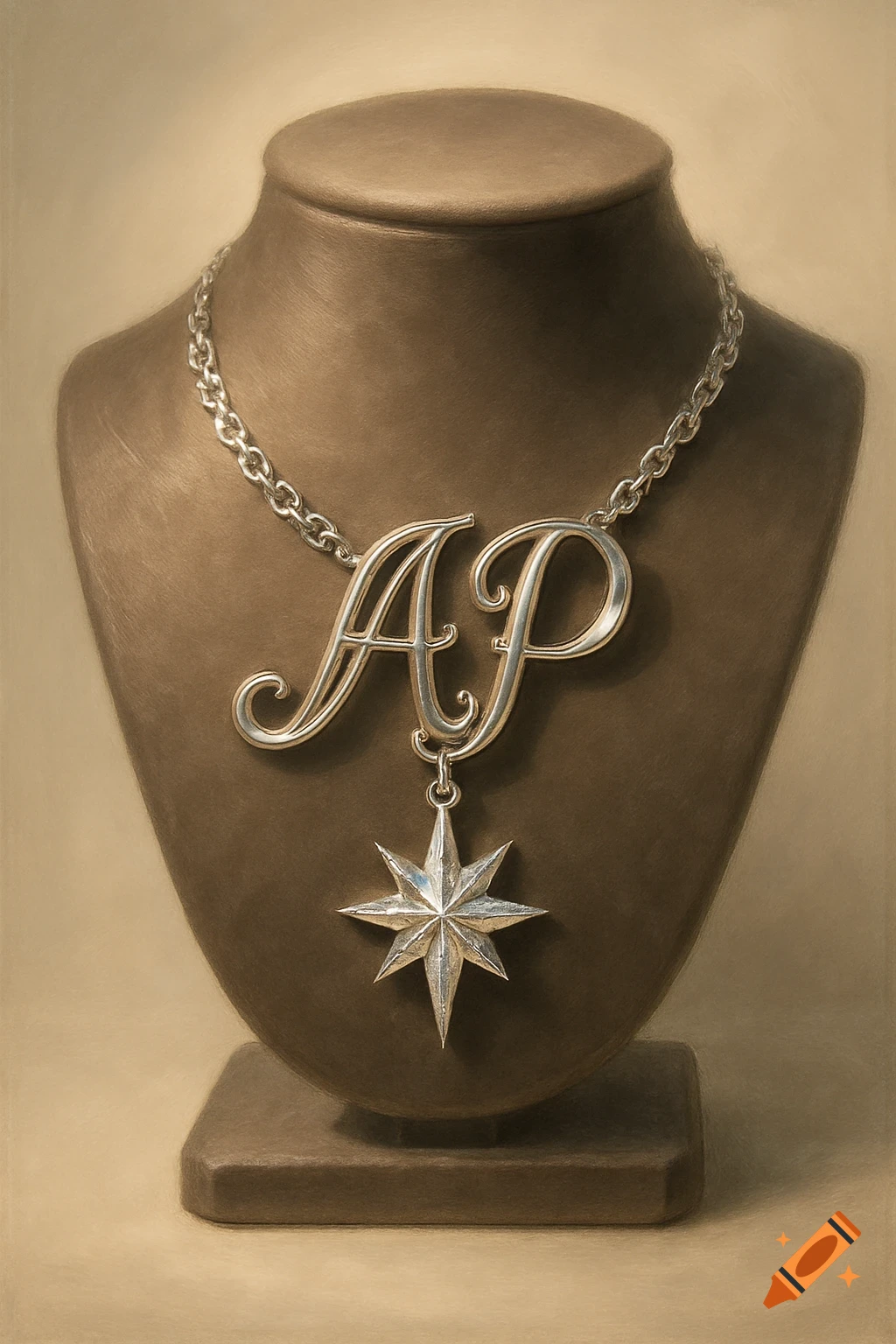A silver necklace with ornate "AP" initials and a star pendant displayed on a brown bust against a warm, light background.