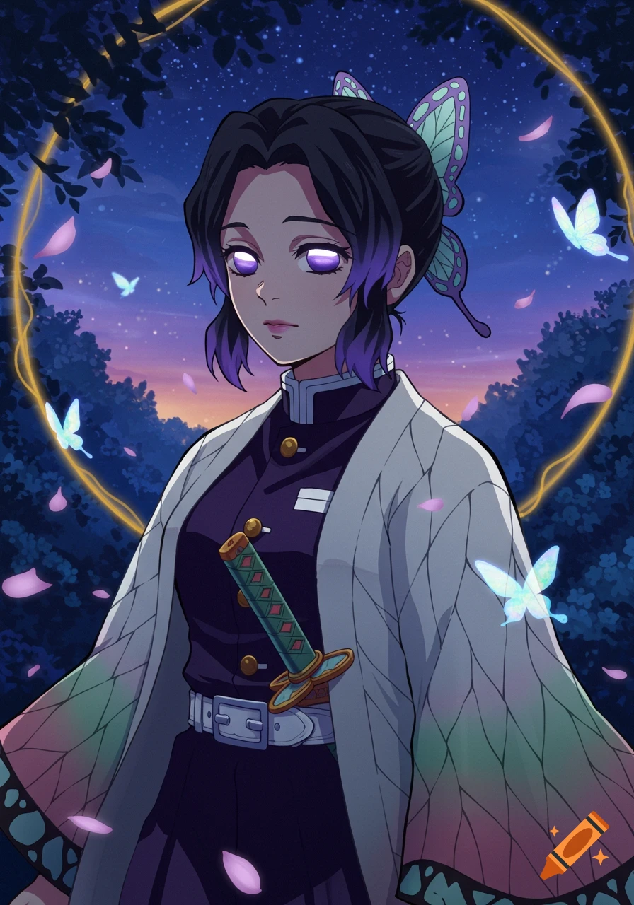 Anime character Shinobu Kocho in a night forest with glowing butterflies and petals, encircled by a golden light.