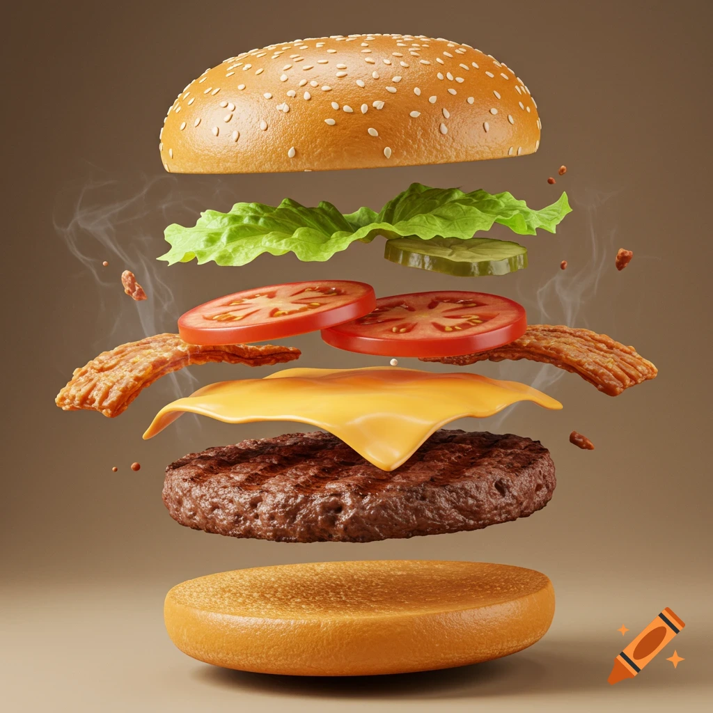 Photorealistic image of a deconstructed burger with all its ingredients floating in mid-air, steaming slightly.