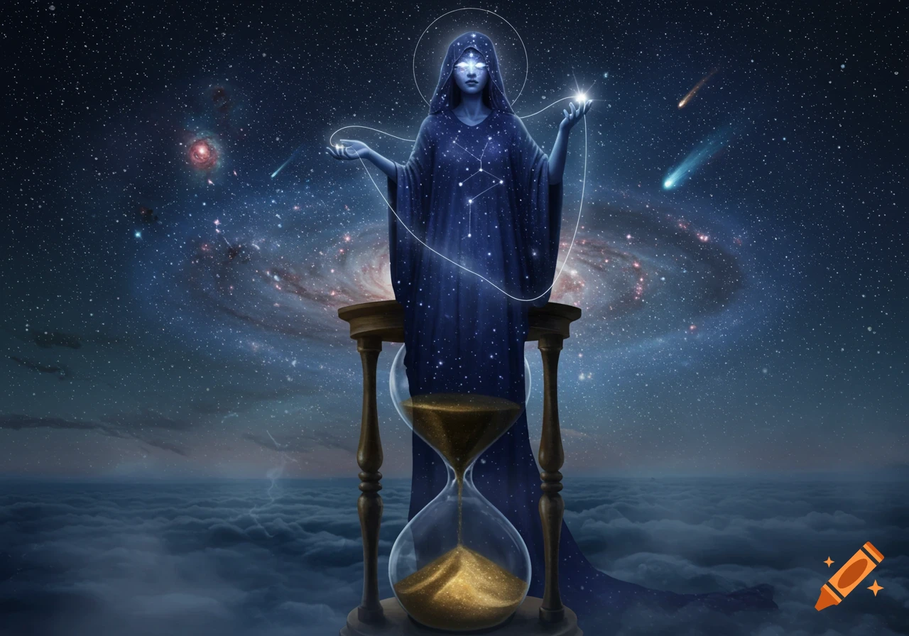 A celestial figure with glowing eyes, covered in stars, stands on an hourglass in a cosmic sky with galaxies and comets.
