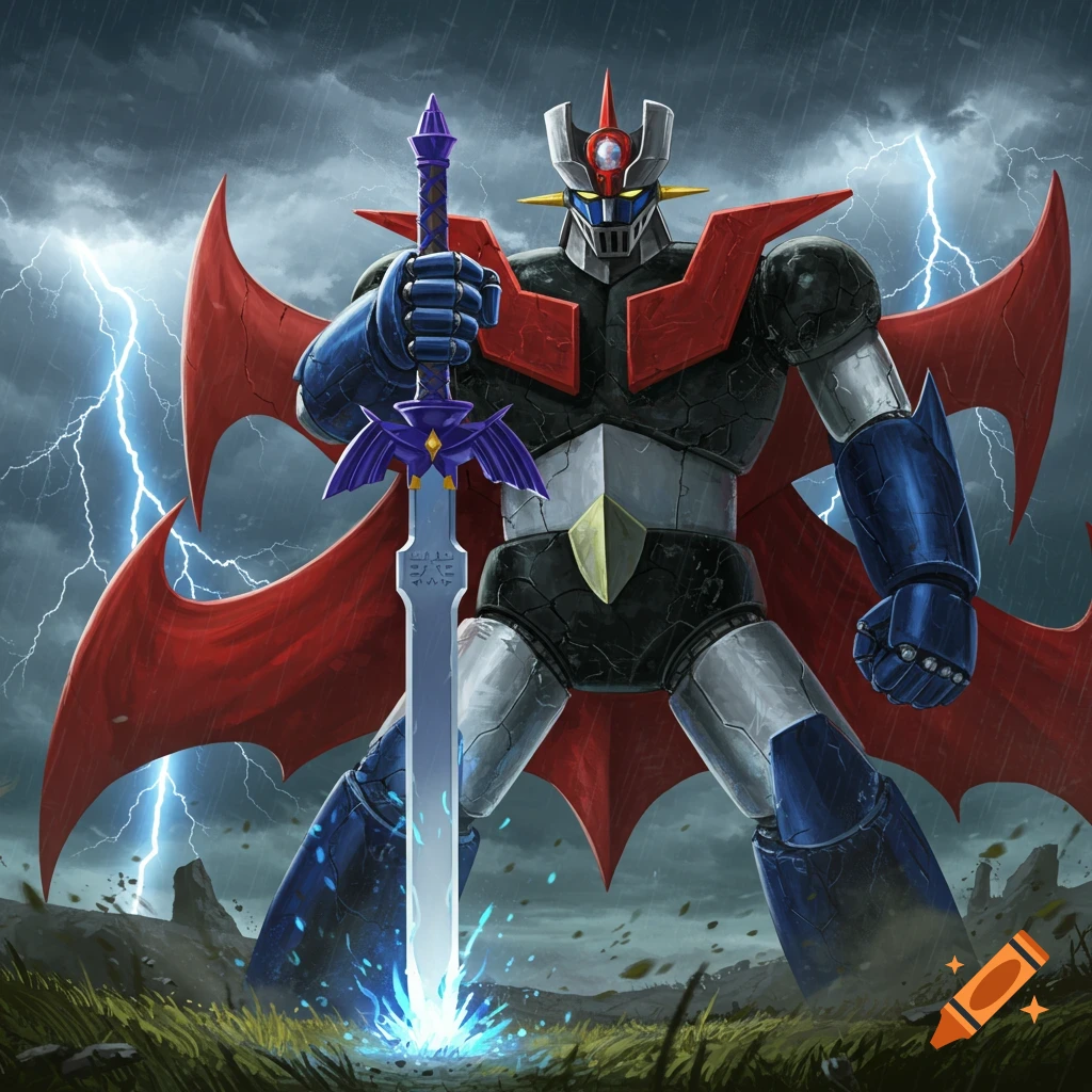 A powerful robot resembling Mazinger Z holds the glowing Master Sword from Zelda under a stormy, lightning-filled sky.