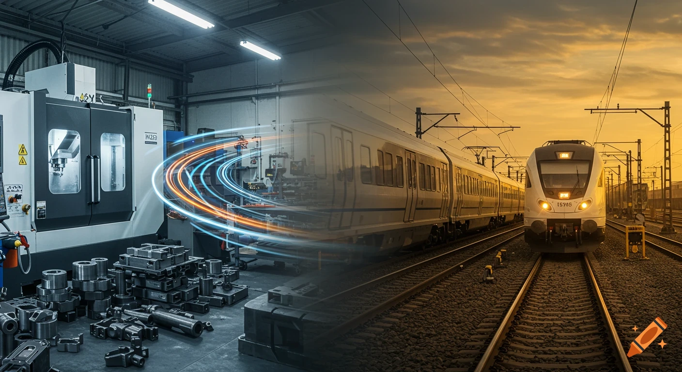 Split image showing a manufacturing workshop with a CNC machine and metal parts on the left, blending into a railway scene with trains and tracks under a sunset sky on the right. Blue and orange light streaks connect the two scenes.