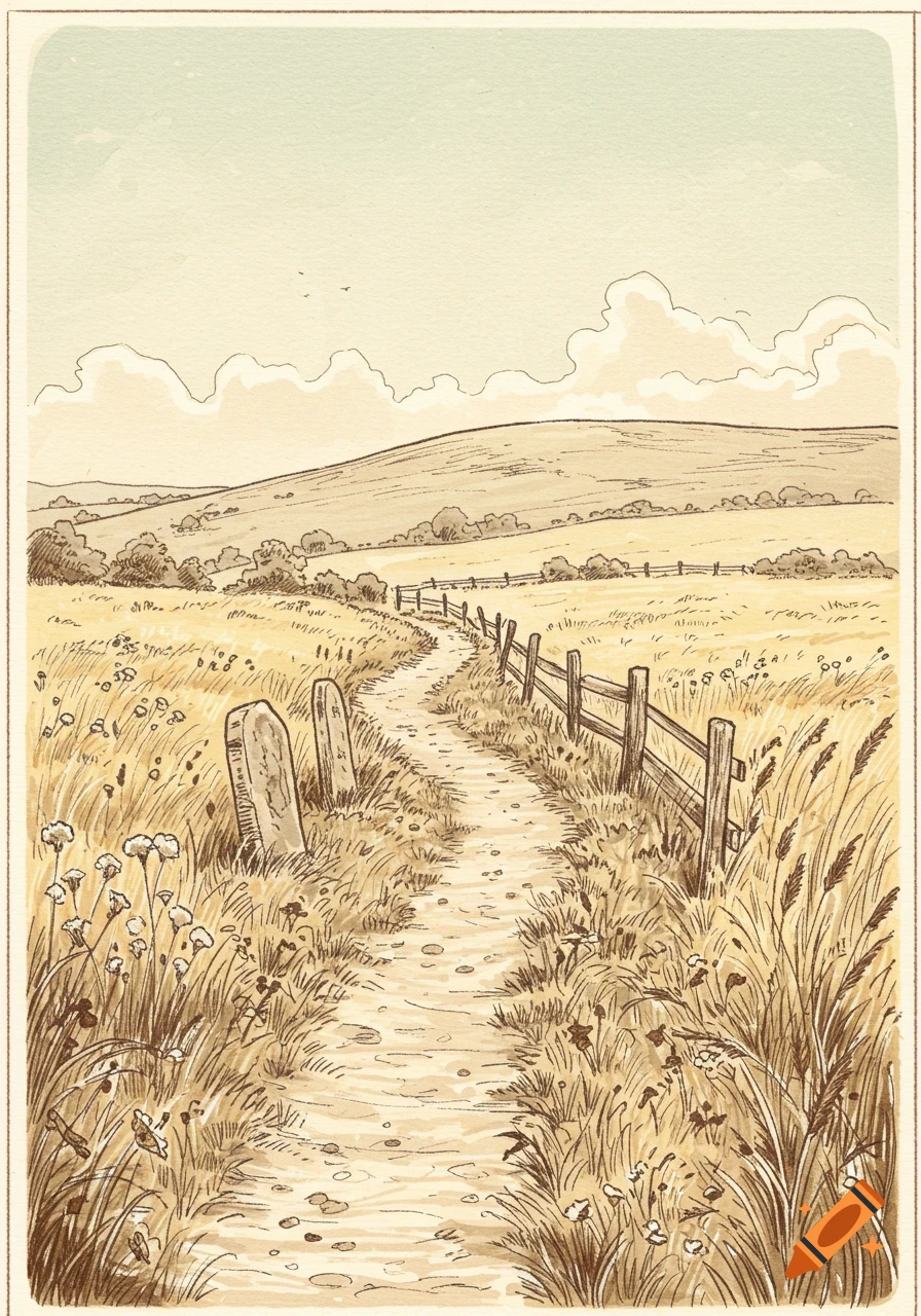 A sepia-toned 18th-century drawing of a winding path through a tall grassy field, leading towards a gentle hill under a cloudy sky.