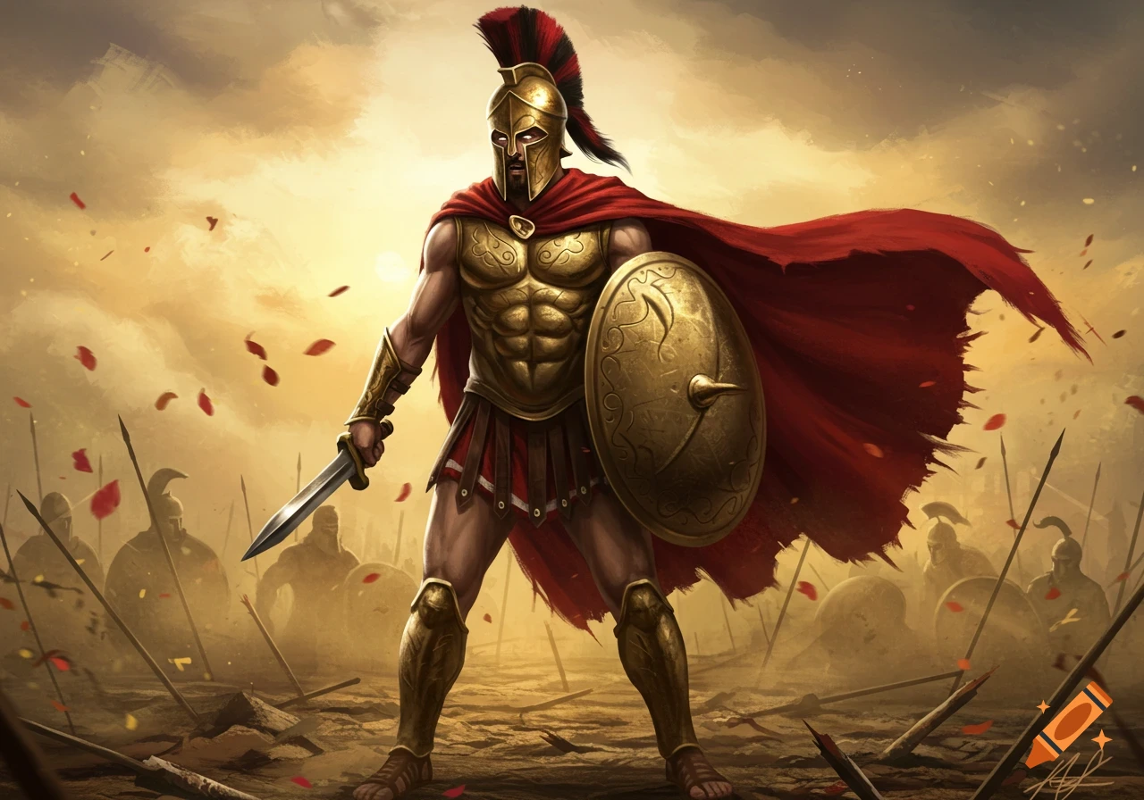 A powerful Spartan warrior in gold armor and a red cape stands on a battlefield, holding a sword and shield, with other warriors in the misty background.