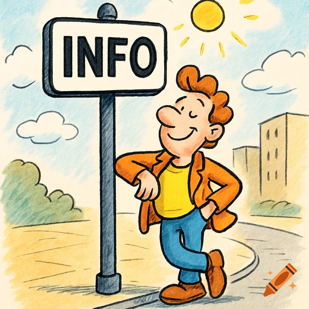 A cartoon man with red hair leans against a signpost displaying the word "INFO" in a sunny city scene.
