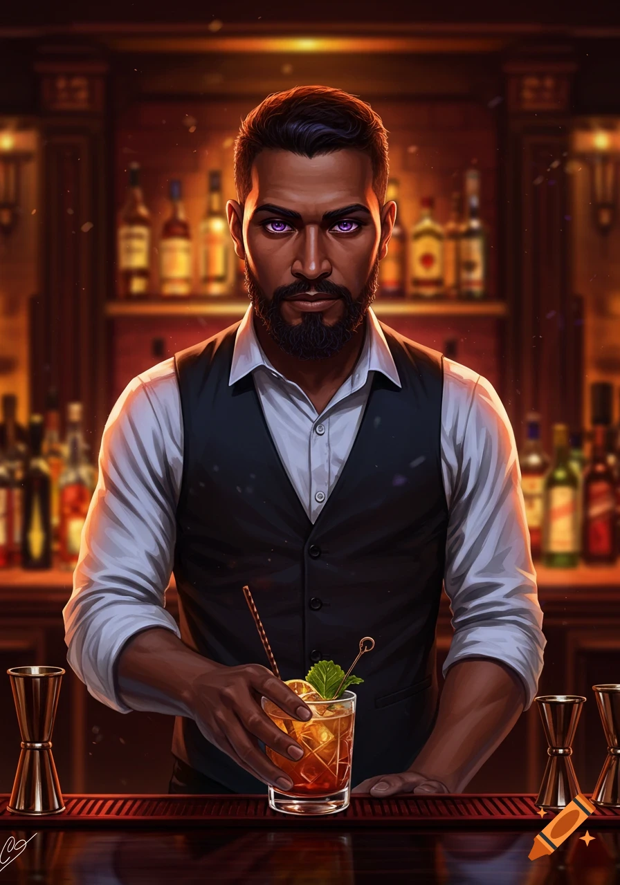 A bearded Pacific Islander man with purple eyes, dressed as a bartender, holds a cocktail in a dimly lit bar.