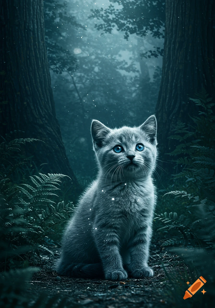 A blue-grey kitten with bright blue eyes sits on a dark forest floor, surrounded by ferns and trees, with glowing white specks in the air.